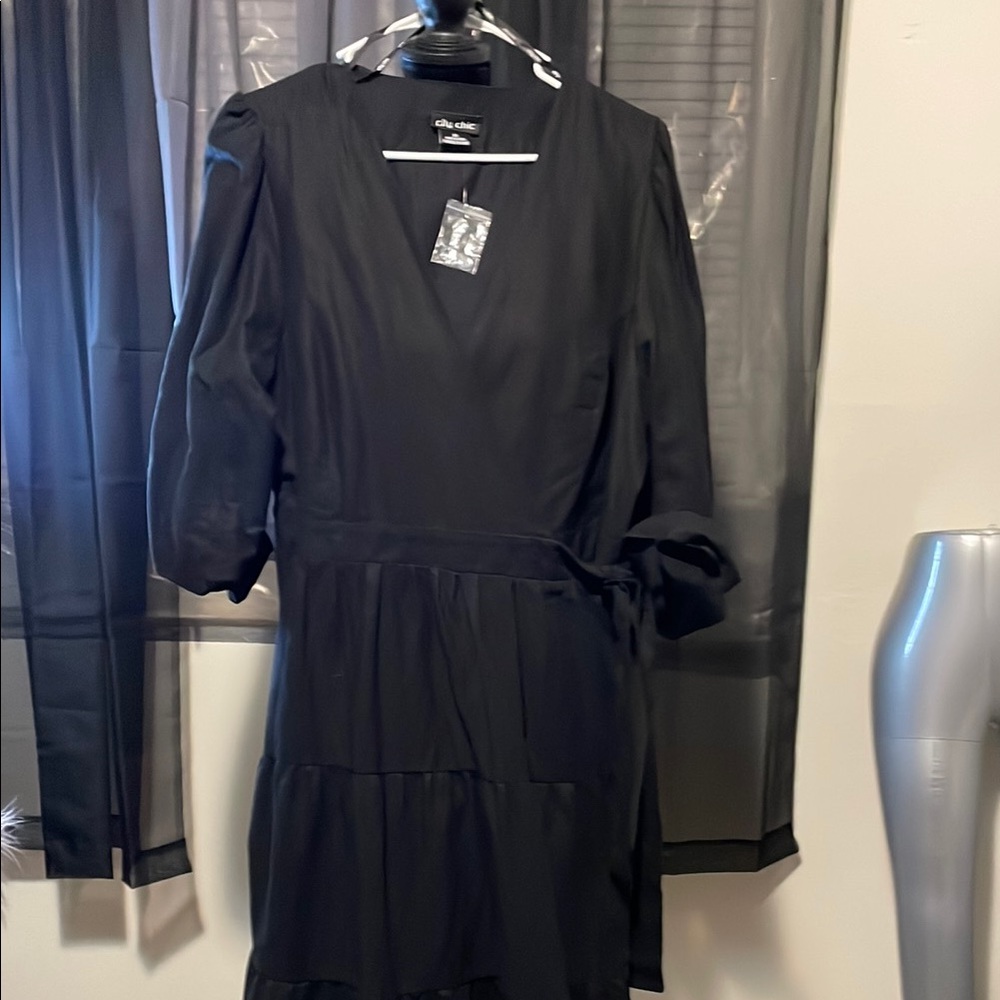 City Chic Black Tiered Bishop Sleeve V-Neck Dress